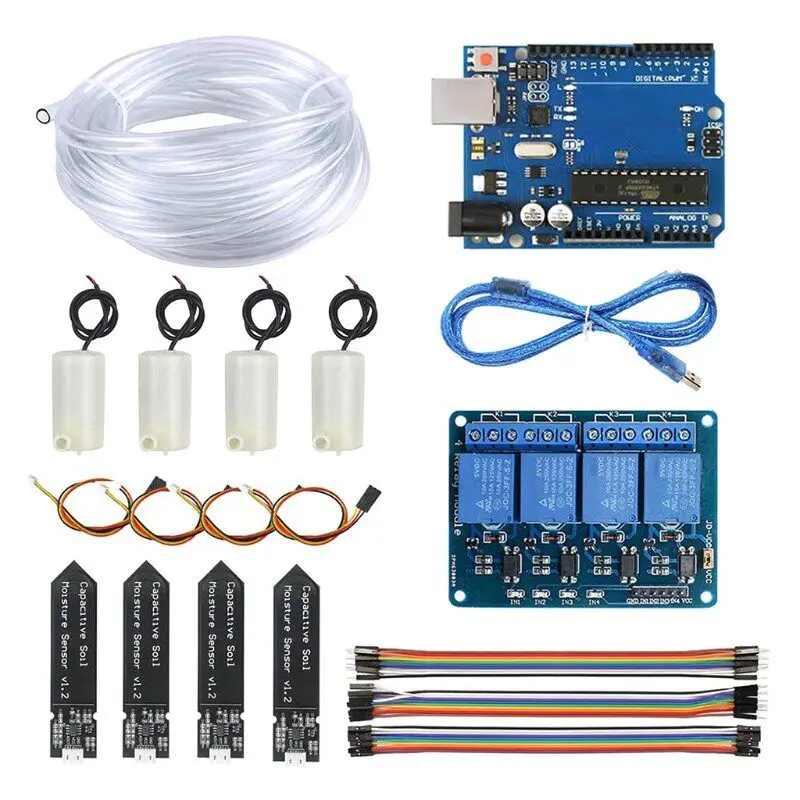 Kit de riego automático de 4 vías con placa base UNO R3, relé de 4 vías para riego automático de flores de jardín, 4 vías