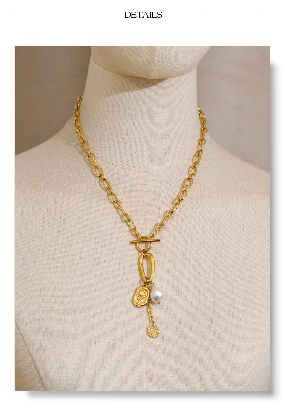Yhpup Halskette mit Blumenanhänger aus Edelstahl mit Imitationsperlen, anlaufbeständige Metall-Statement-Kette, Modeschmuck, Geschenk – Detail 6