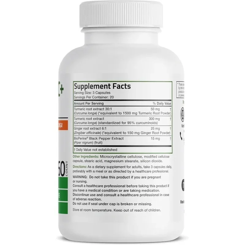 الكركم + الزنجبيل دعم قوي للمفاصل والهضم، غير Gmo، 60 كبسولة نباتية