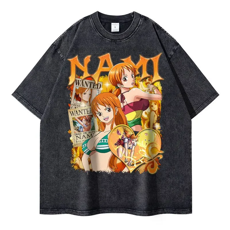 Nami Short Sleeve T-shone Streetwear Vintagewashing Anime Tshirt Exploding Popular T-shirt Crew Neck Other Material