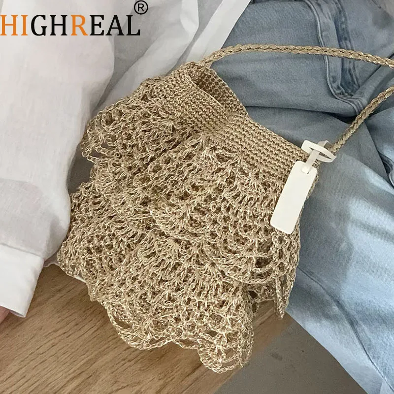 Fashion Hem Bucket Bags for Women Shoulder Bag Gold Thread Crochet Women's Bag New Ruched Knitting Crossbody Bags Purses