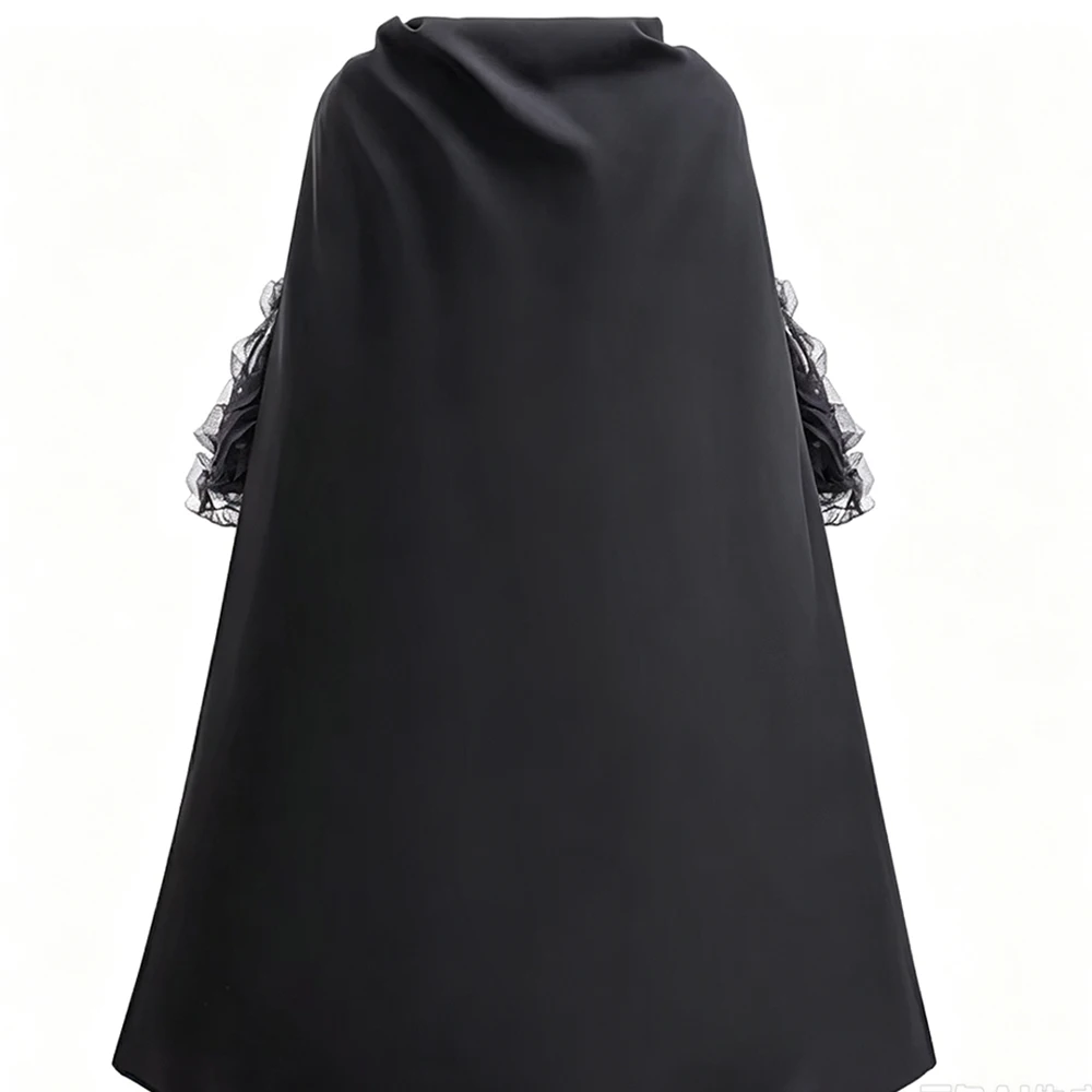 Schwarzes Hexenkostüm für Mädchen, gerüschtes Tüllkleid mit Umhang, langärmeliges gotisches Abendkleid für Kinder, Halloween, Karneval, Geburtstagsfeier – Detail 10
