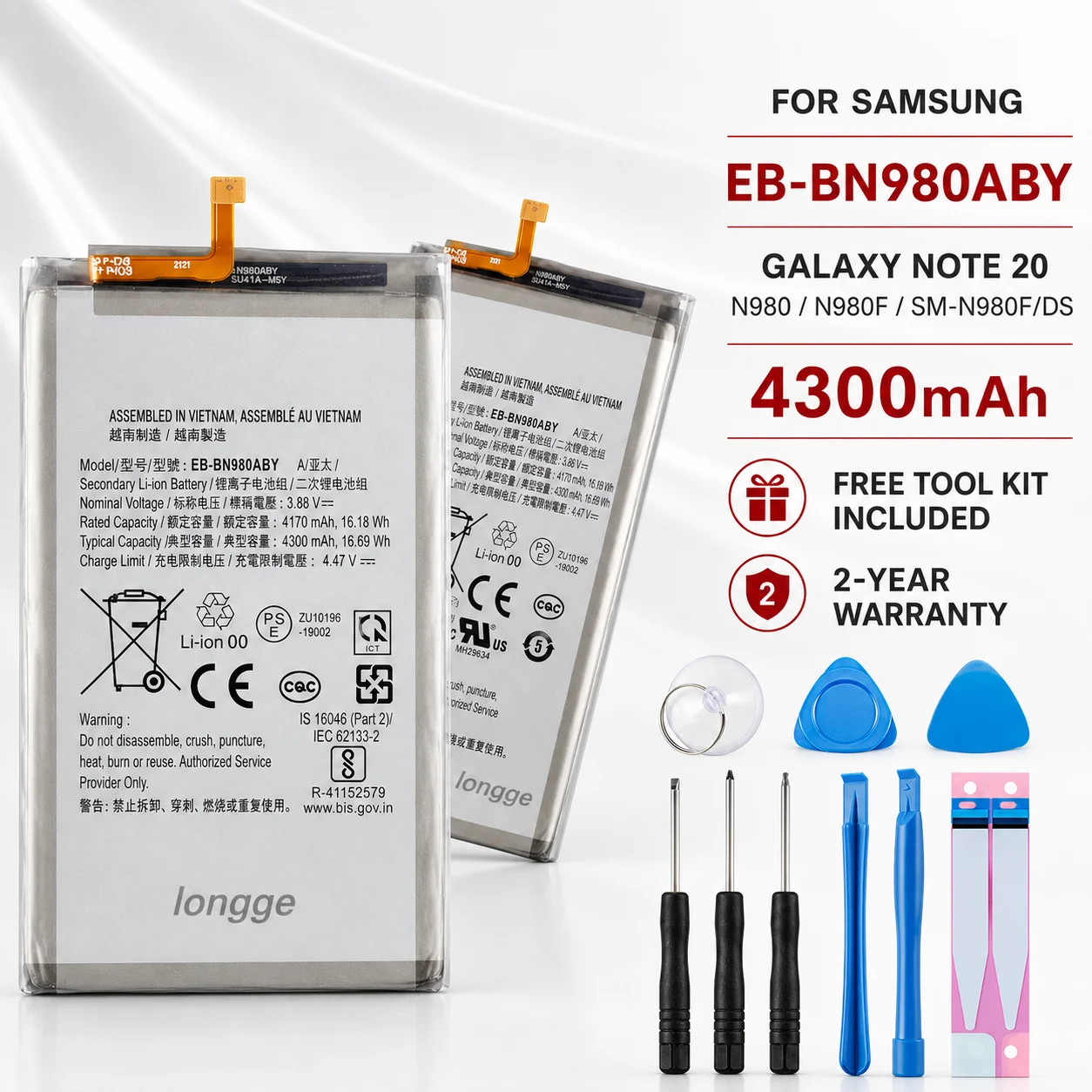New High Capacity EB-BN980ABY 4300mAh Battery for Samsung Galaxy Note 20 N980 N980F SM-N980F/DS Repair Replacement Cell Kit