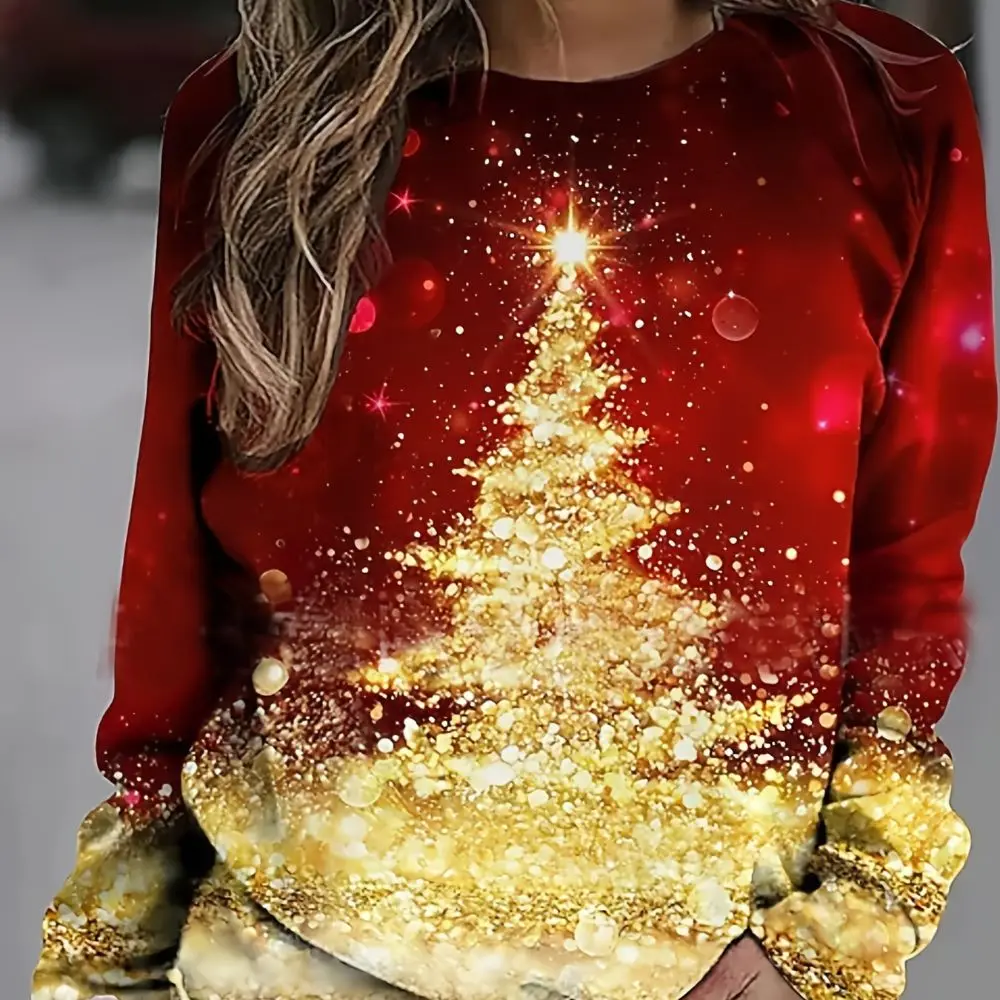 Colorful Christmas Tree Print Long Sleeved High-quality Top Comfortable And Casual Women\'s Top For Autumn And Winter Breaks