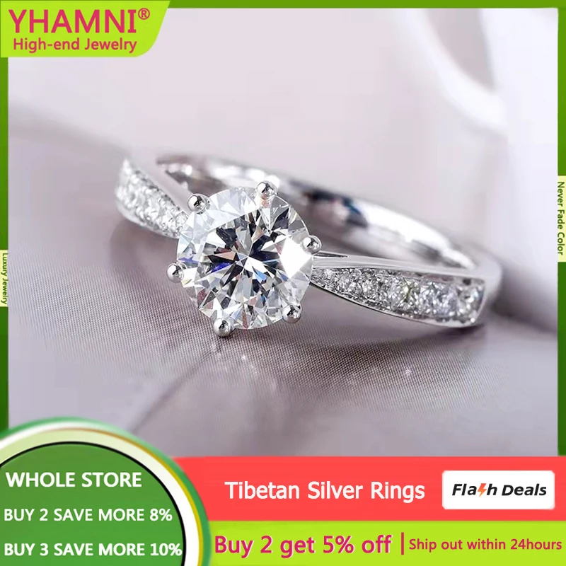 100% Real Certified Tibetan Silver 925 Ring Round Brilliant 1 Carat Zirconia Diamant Wedding Band Women Gift Jewelry Accessories