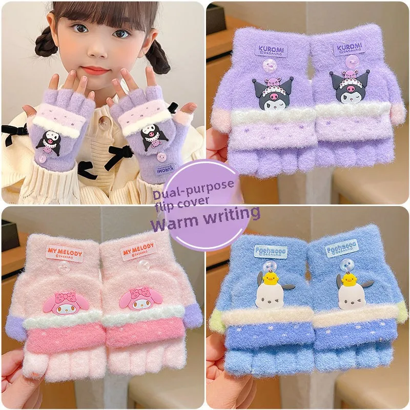 Sanrio cute Kuromi My melody Cinnamoroll Pochacco sweet creative cartoon pattern comfortable and warm flip half finger gloves