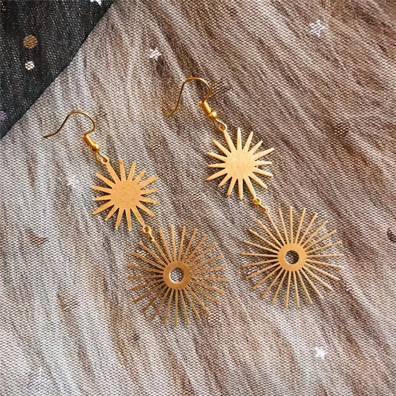 Gift for Her, Sun Star Golden Brass Statement Dangle Earrings,Crystalyana Hypoallergenic Jewelry, Boho Bohemian Style