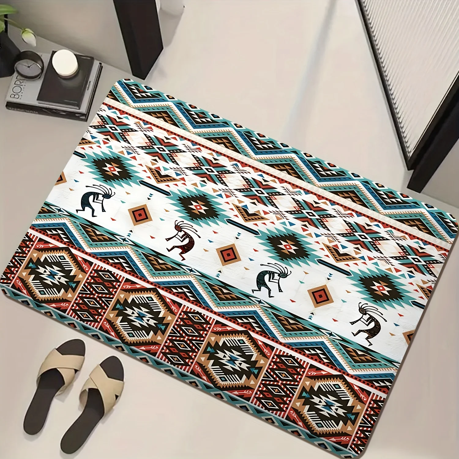1pc Bohemian Aztec Tribal Bath Mat - Premium Flannel, Suitable for Living Room, Bedroom, Kitchen, etc., Unisex Abstract Geometri
