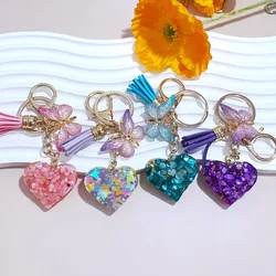Gold Foil Heart Shaped Keychain Stone Filled Resin Keyring With Butterfly Tassel Handbag Ornaments Accessories Souvenir Gifts