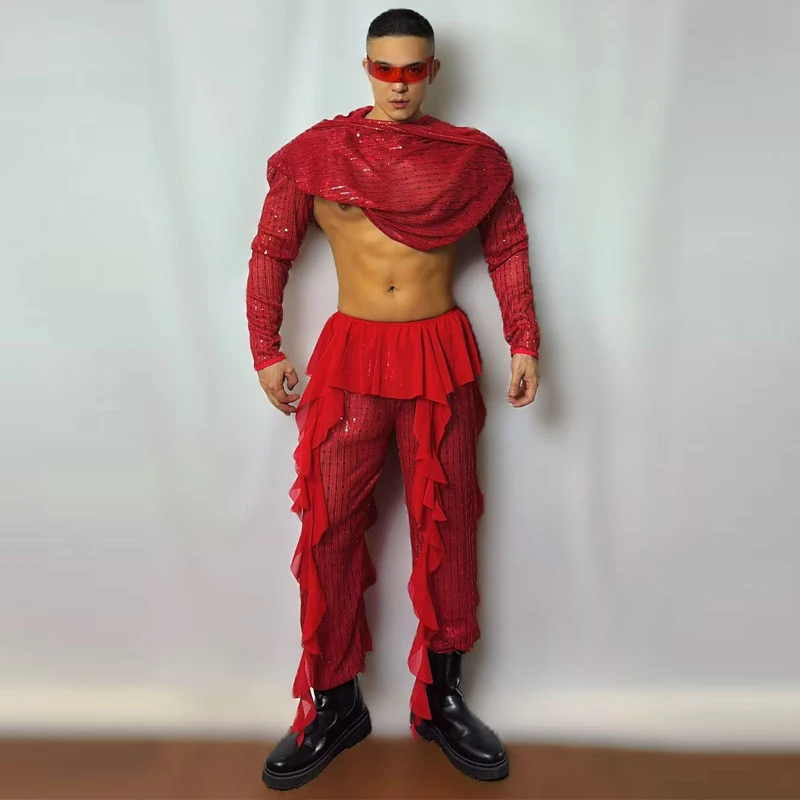 Traje de bailarina Gogo con lentejuelas rojas, ropa de baile en barra para hombre, traje de baile de Jazz para hombre musculoso, club nocturno, Bar, DJ, escenario, ropa individual XS10256