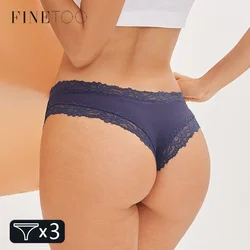 FINETOO 3Pcs Women Cotton Underwear Panties Sexy Lace Brazilian Briefs Low Waist Floral Solid Color G-string Breathable Lingerie