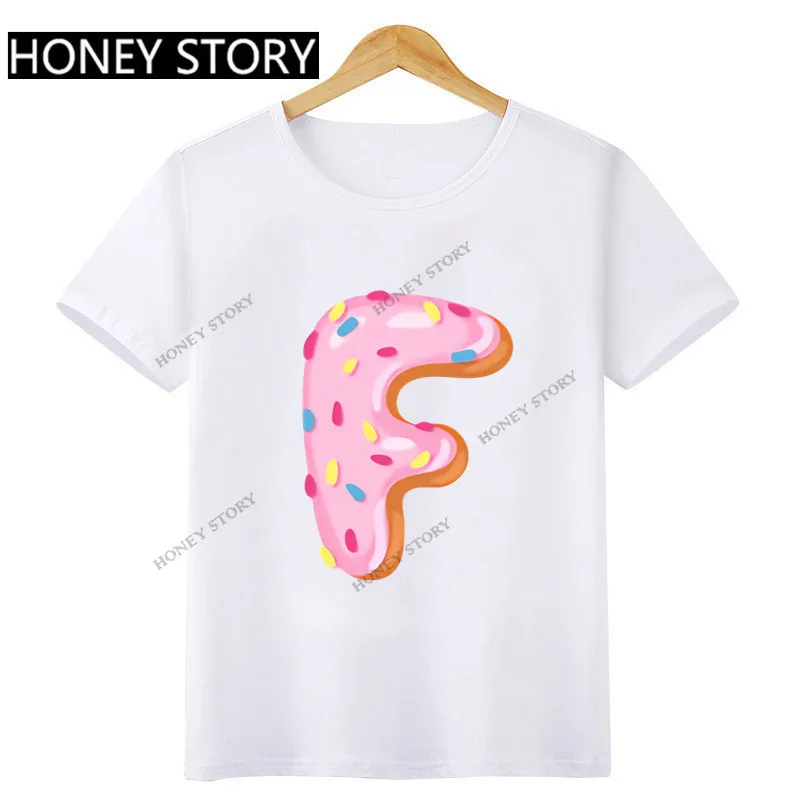 Pink Donut 26 English Letters ABC Cartoon Printed Children's Round Neck Short Sleeve for Boys and Girls