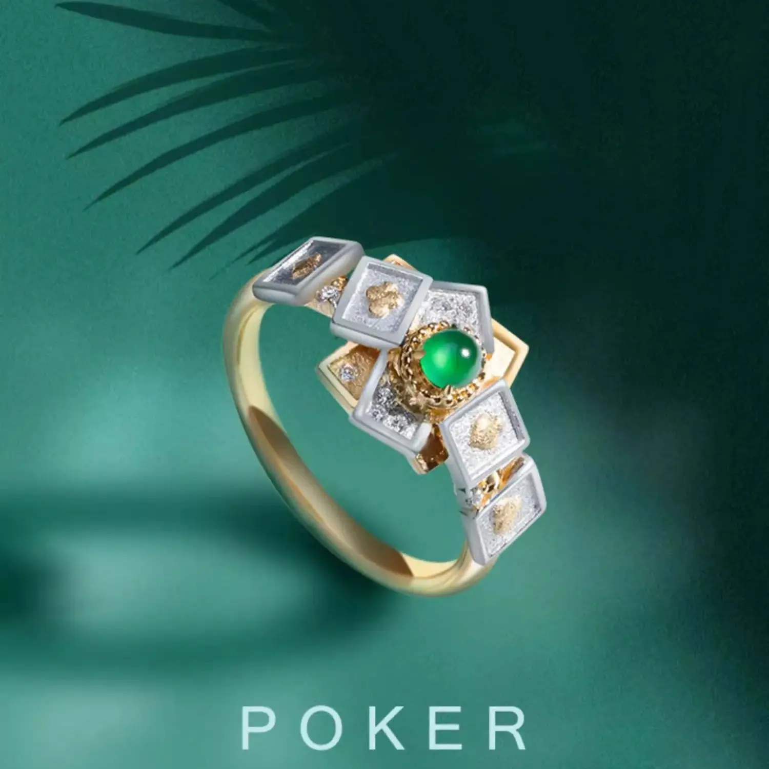 18K Ring Women's Fashion Classic Geometry Poker Natural Jade Diamond Design Style