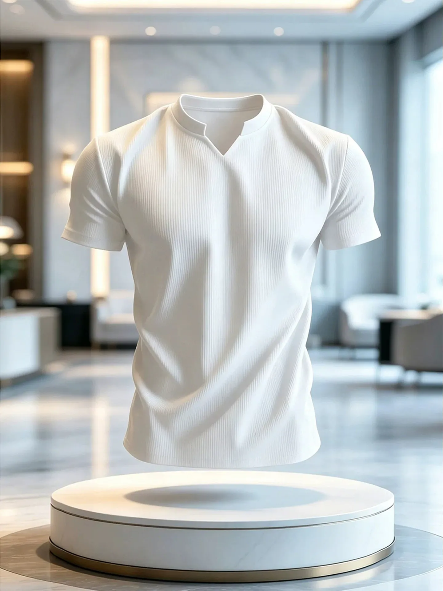 White Threaded Ice Silk V-Neck Short Sleeve T-Shirt Men's Lightweight Summer Thin Breathable Slim Fit Textured Half Sleeve Top