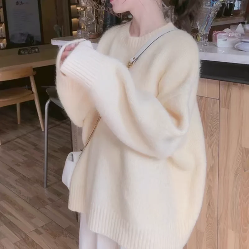 

Trendy Women's Knitwear Top Inner Soft Lazy Sle Autumn Winter Thiened Warm Pure Color Loose Fit Knitted Long Sve Sweater