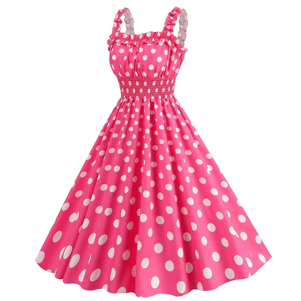 Retro Dot Plaid Spaghetti Strap Dress Women Vintage 50s Rockabilly Swing Party Dresses Summer High Waist Sundress Robe Femmes