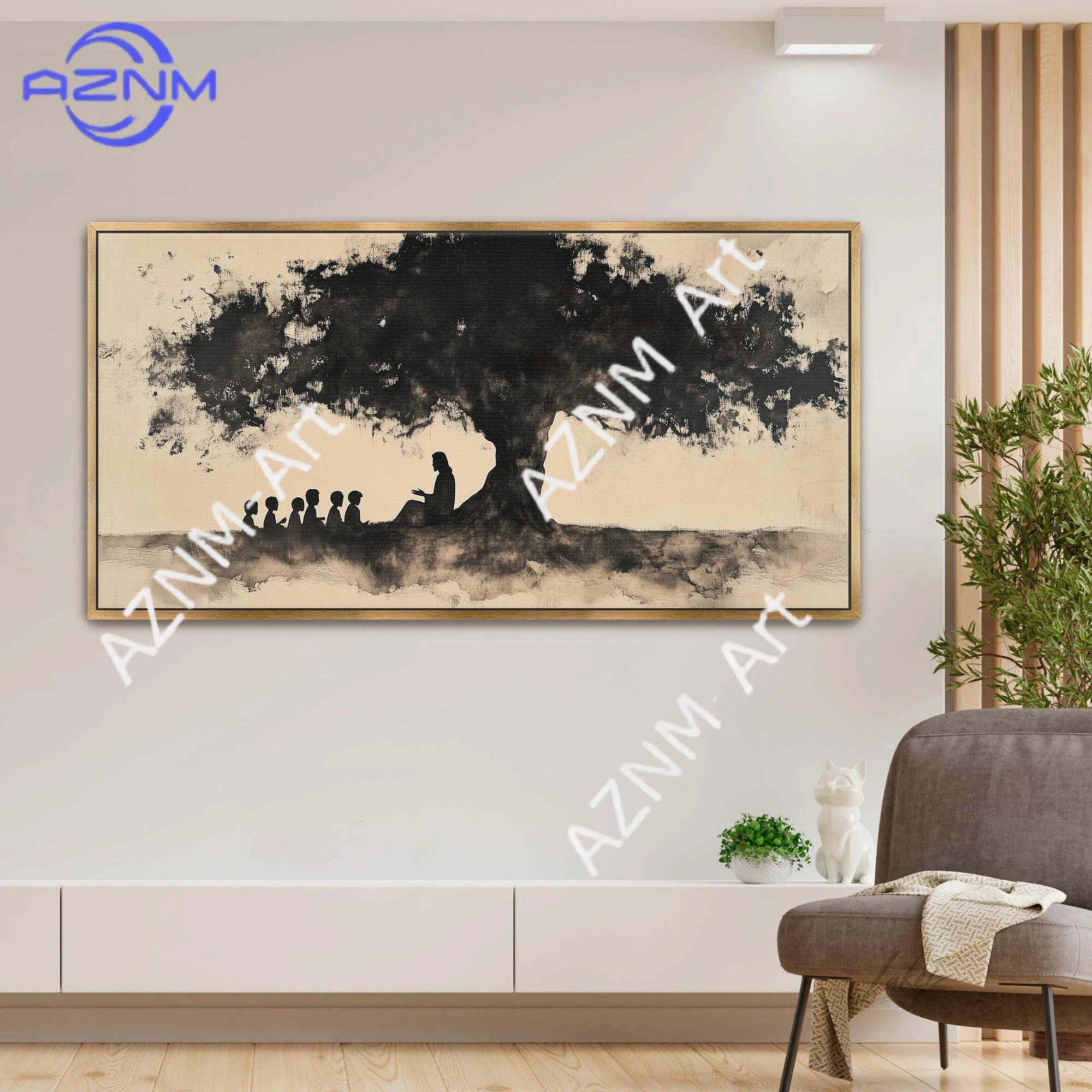1 Pieza, Impresión en Acuarela Negra de LakelzDecor, "Jesús Enseñando a los Niños", Árbol de Olivo, Niño de Dios, Minimalista