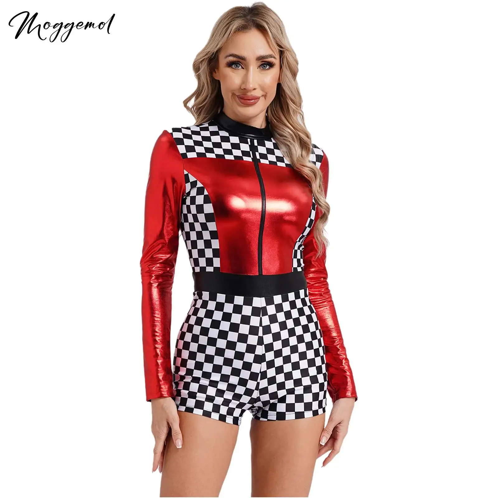 Frauen große Mädchen Racer Stram pler Bodysuit Langarm Boy shorts Schachbrett Druck Fahrer Overall Halloween Cosplay Kostüme