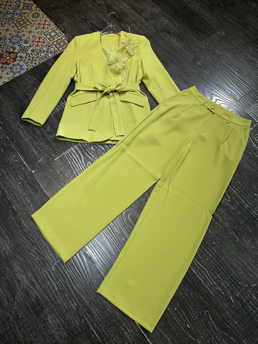 Twotwinstyle temperamento conjuntos de duas peças para mulheres com decote em v mangas compridas emendado 3d flor blazer perna larga calça conjunto roupas femininas