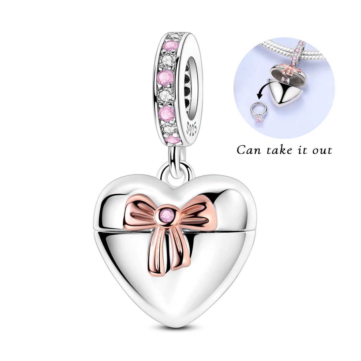 New IN 925 Sterling Silver Can Be Opened Heart Bow Pendant Charms Beads Jewellery Fit 925 Original Bracelet For Women DIY Gift