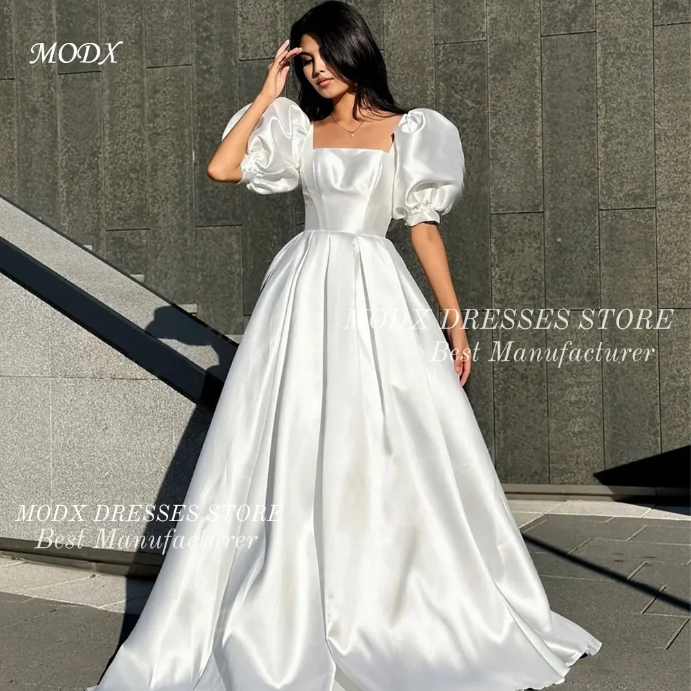 MODX 2026 فستان زفاف بياقة مربعة من الساتان على شكل حرف a وأكمام منتفخة فستان زفاف طول الأرض Vestidos Novias Boda مخصص للنساء #1