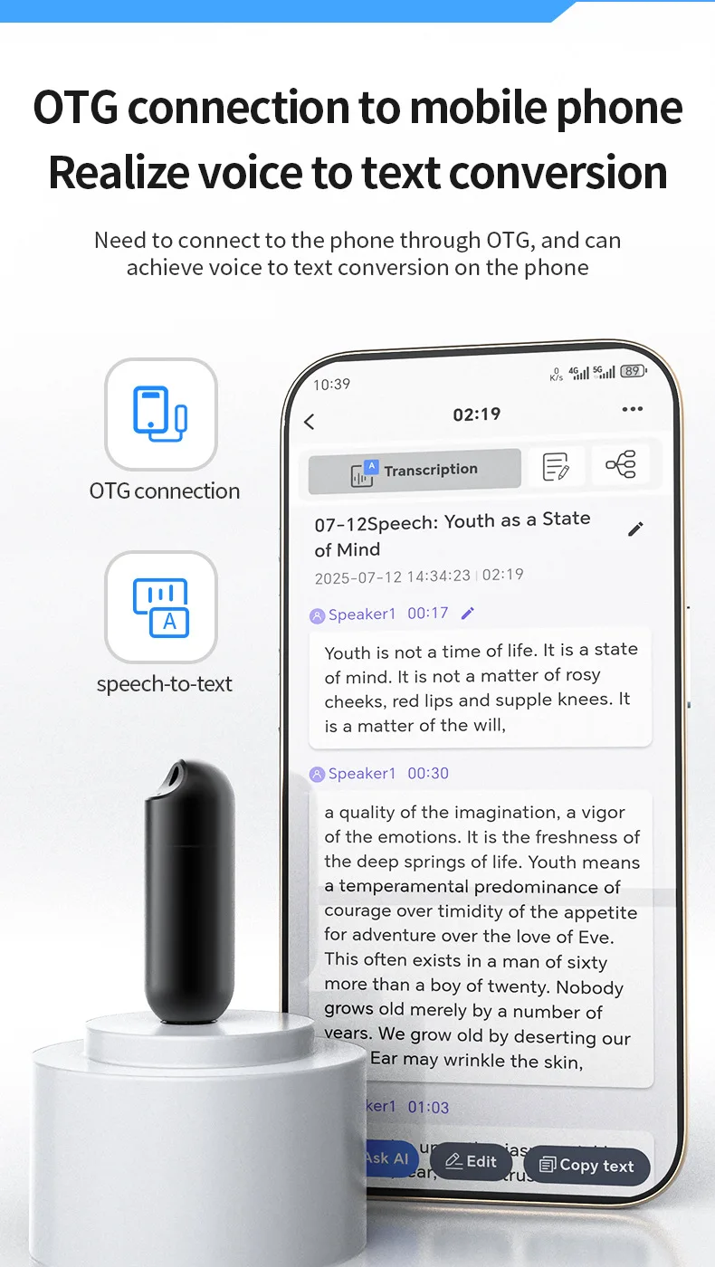 S1+ 펜던트 디지털 음성 녹음기, HD 소음 감소 AI 음성 활성화 녹음기, MP3 플레이어 및 USB 디스크, 회의/수업용