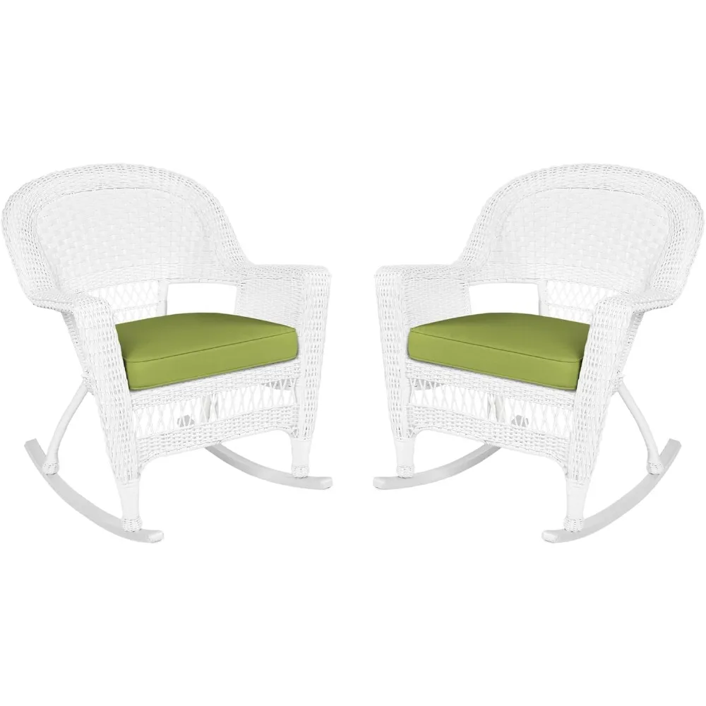 Rocker Korbstuhl mit grünem Kissen, 2er-Set, Honig