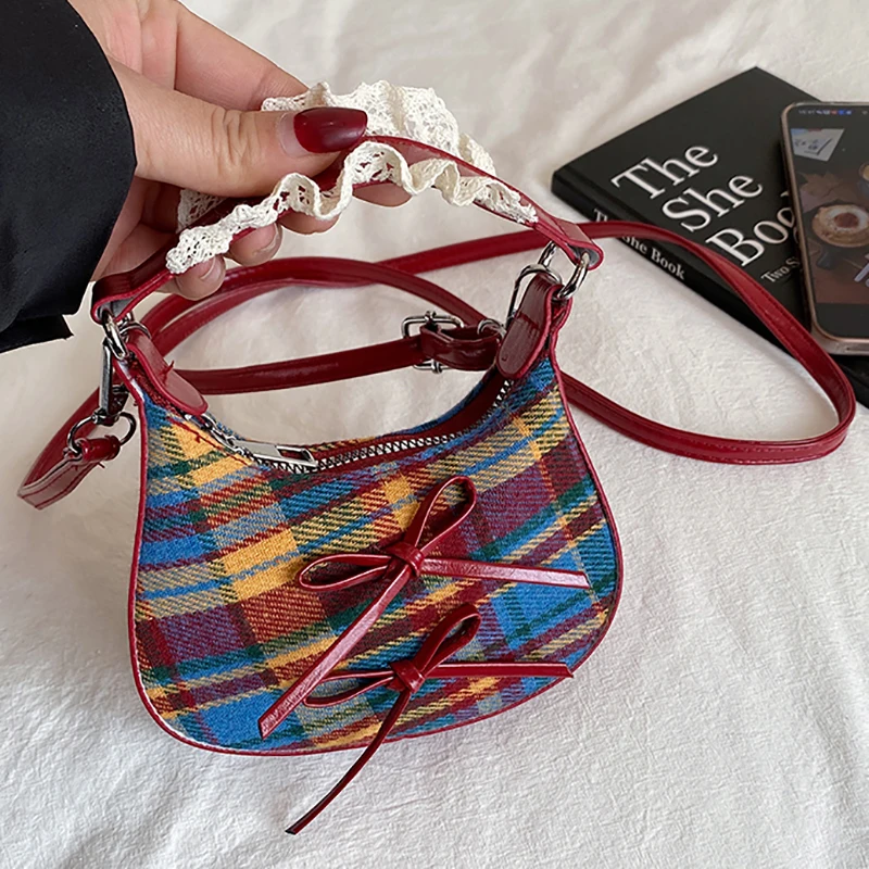 Autumn and Winter Korean Hand-held Bow Mini Handbag Plaid Crossbody Bag Lipstick Bag Fashion Women's Shoulder Bags Cute Handbag