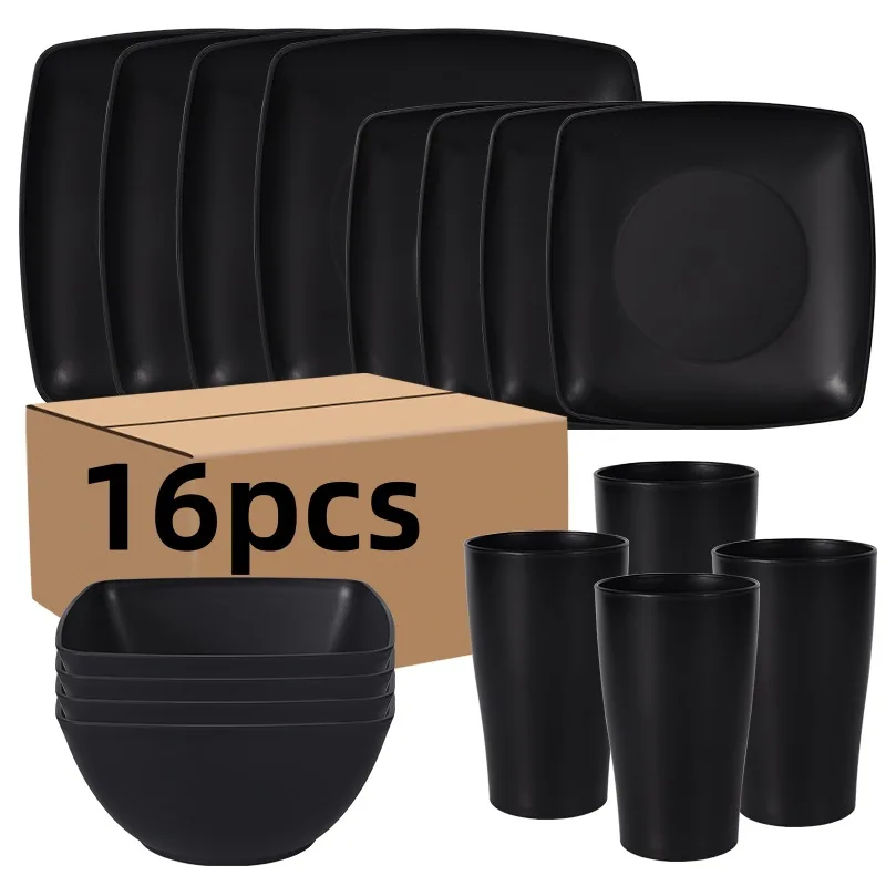 16Pcs Plastic Dinnerware Set -DurableDishwasher Safe Microwave Safe Stackable Includes Dinner Plates Salad Plates Snack Bowls