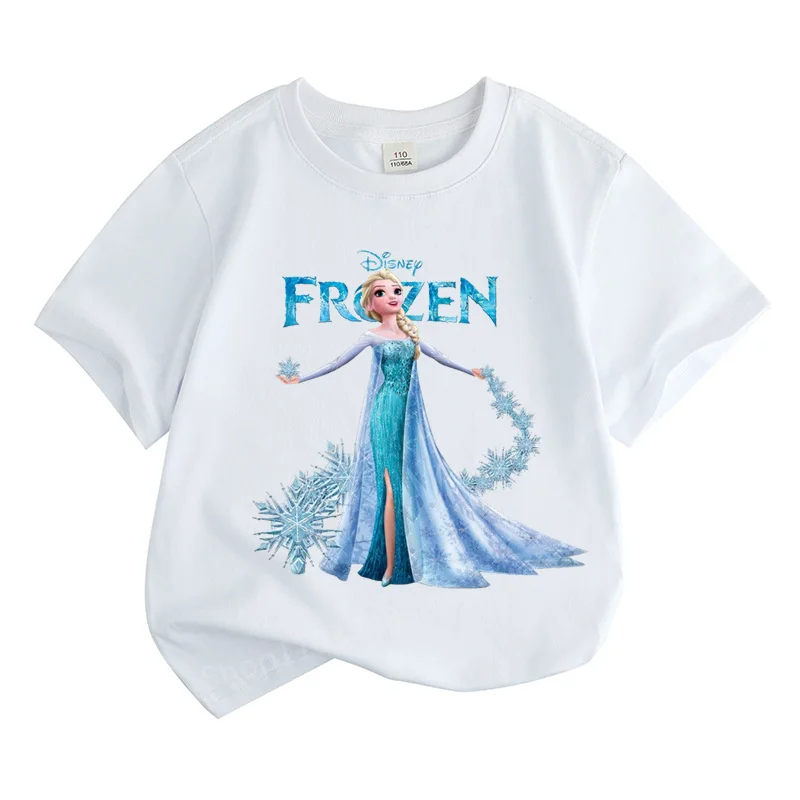 2024 New Design Cartoon Disney Frozen Princess Children 100%Cotton Girl Printed Street Casual Short Sleeve T-Shirt Girls Clothes