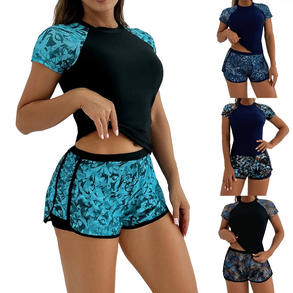 Women Sports High Waisted Bikini Sets Sexy Push Up Two Piece Swimsuits Short Sleeve Top Shorts 2026 Swimming Costume Women