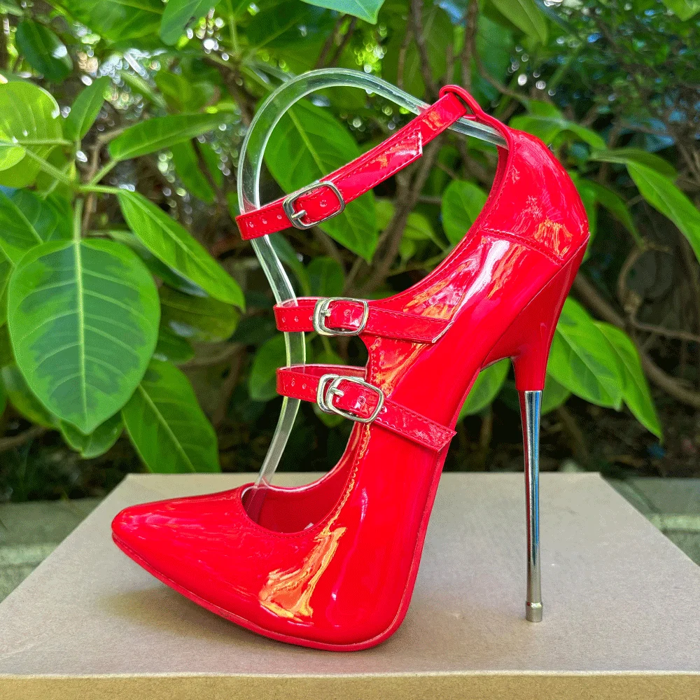 

2024 Newly 16cm Unisex High Heels Black Red Ankle Strap Sexy Red inside Fetish Stilettos Pumps Instep Strap Factory Customize