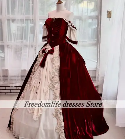 Elegant Victorian & Bridgerton Gowns Red Quincenara Dresses Ball Gown Lace Bows Off The Shoulder Renaissance Customized