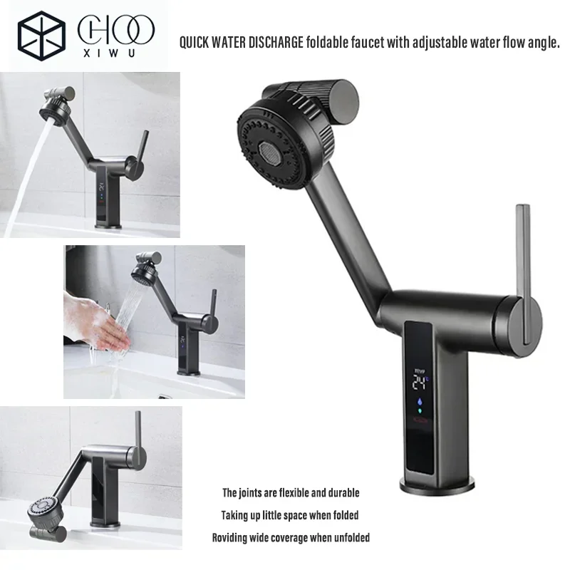 

Серый смеситель для ванной с LED-дисплеем и поворотным роботизированным краном, 2 режима подачи воды, для раковины, современный смеситель для кухонной мойки