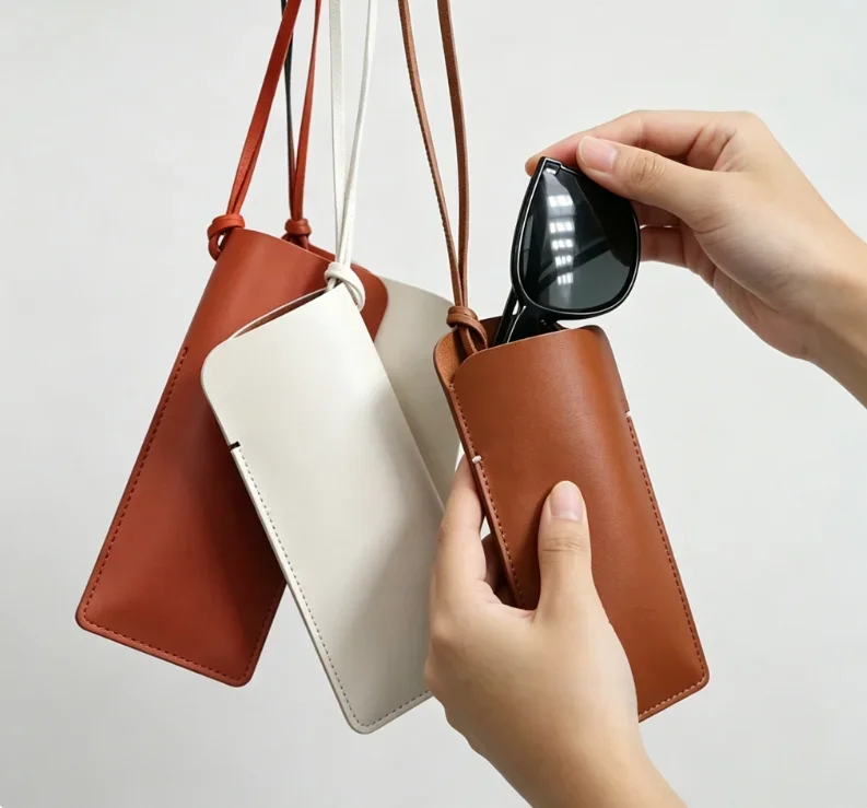 New PU Soft Leather Glasses Storage Bag Hanging Neck Glasses Case Sunglasses Storage Clip Solid Color Eyewear Bag Dust-proof