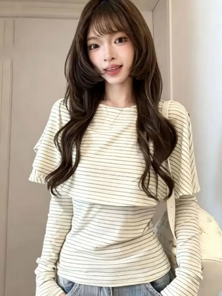 Y2k Striped Fake Two-piece Long Sleeve T-shirt Women Ruffle Cape Cloak Design Slim Casual Tops Autumn Preppy Style Tees
