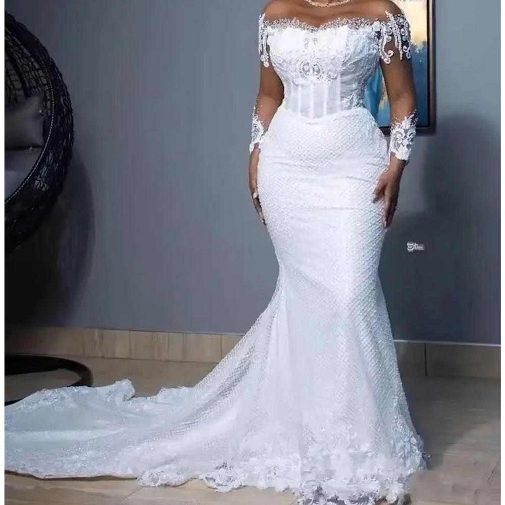 

Elegant Long White Mermaid Wedding Dresses For Women O Neck Applique Sheer Long Sleeves Lace Bridal Gowns Customized