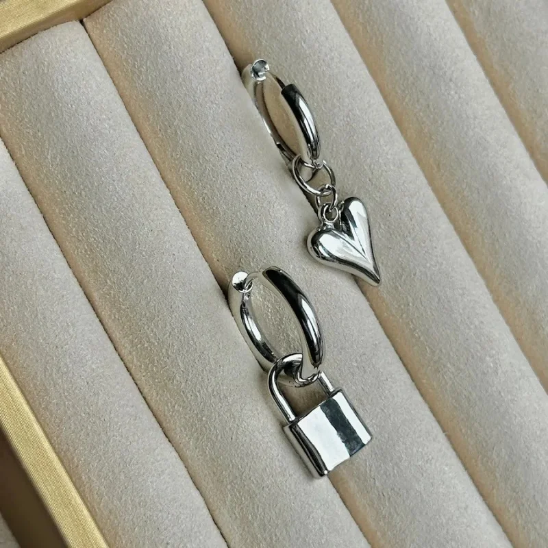 Geometric Double Hoop Convertible Earrings Stainless Steel Asymmetric Alloy Love Heart Lock Pendant Dainty Ear Jewelry