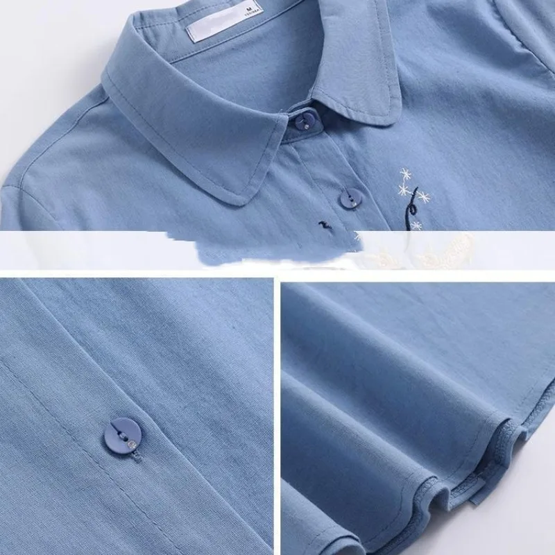 Women\'s 2024 Summer New Pure Cotton Blouses Fashion Minimalist Commute Lapel Solid Embroidered Button Loose Short Sleeve Shirts