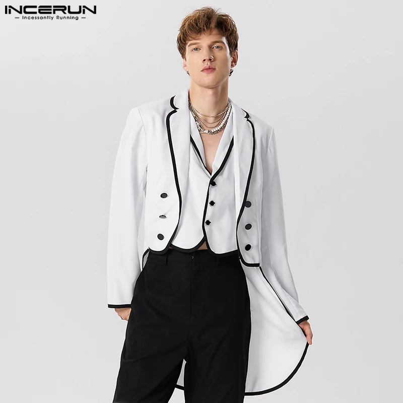 

Fashion Well Fitting Tops INCERUN Handsome Men Fake Two-piece Splicing Blazer Swallowtail Hemline Long Sleeved Suits Coats S-5XL