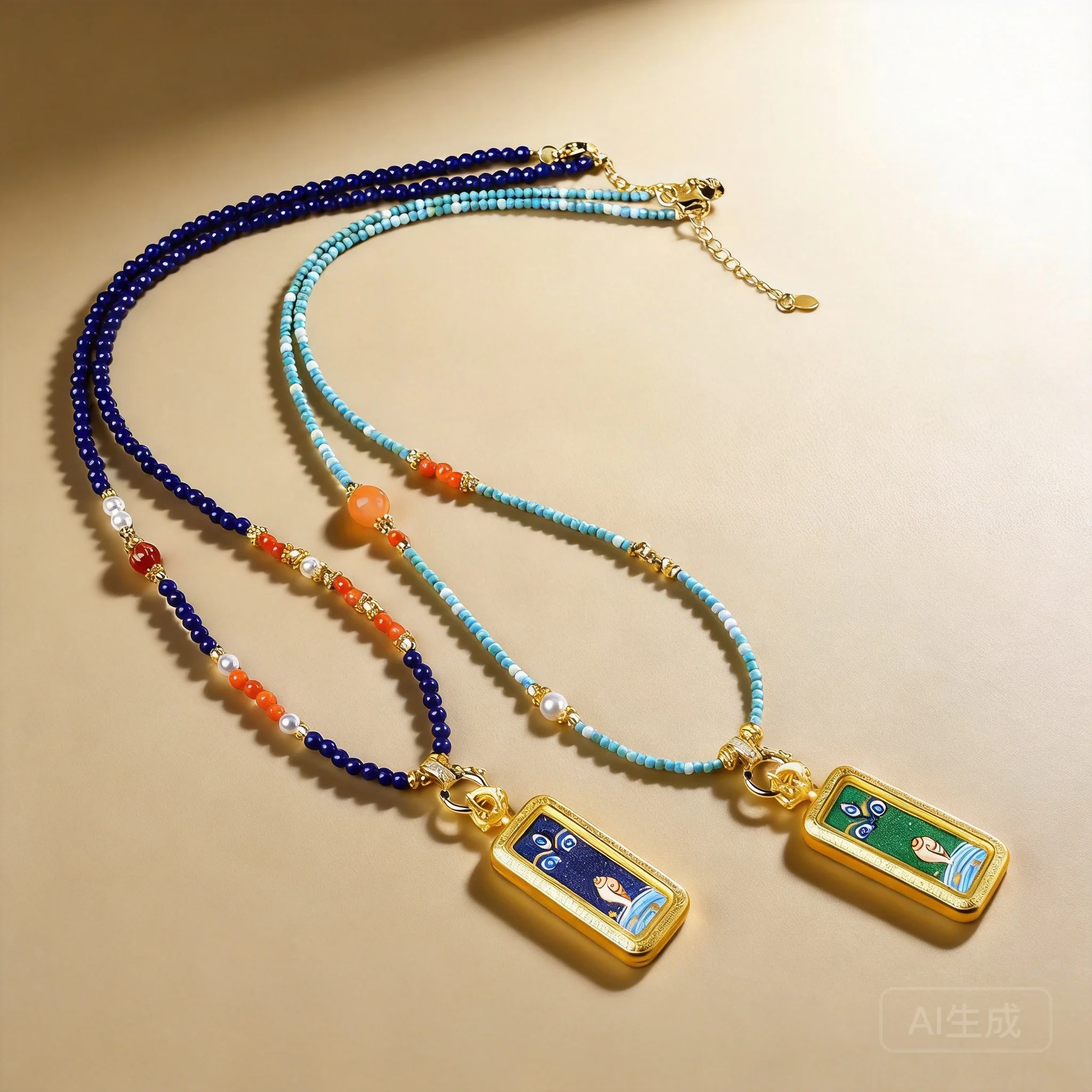 Chinese Style Tibetan Hand Painted Thangka Pendant Necklace Lucky Blessing Fortune Attracting Beaded Chain Ethnic Spiritual Jewe