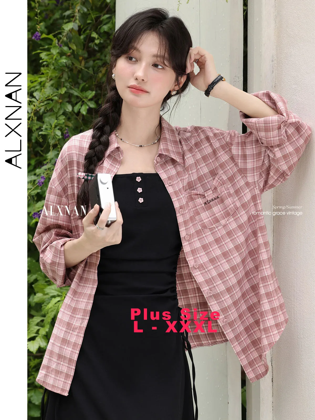 

ALXNAN Plus Size Pink Plaid Long Sleeve Shirt Thin Casual Sun Protection Women's Shirts Summer Loose-fit Office Lady Tops D11731