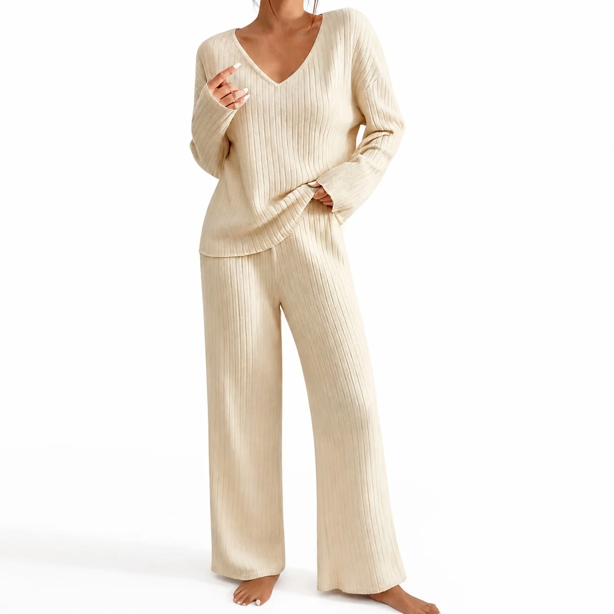 Women's Autumn V Neck Loose Fit Ribbed Brushed Solid Color Polyester Blend Casual Long Sleeve Fall Winter Sweater in Cream