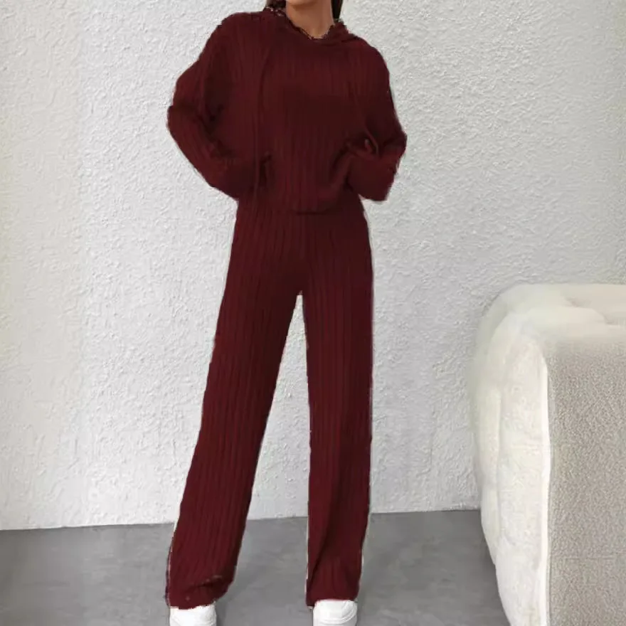 2026 New Sweater Loose Hooded Knitted Striped Suit Long Sleeve Casual Europe And America, Women's Clothing Wholesale