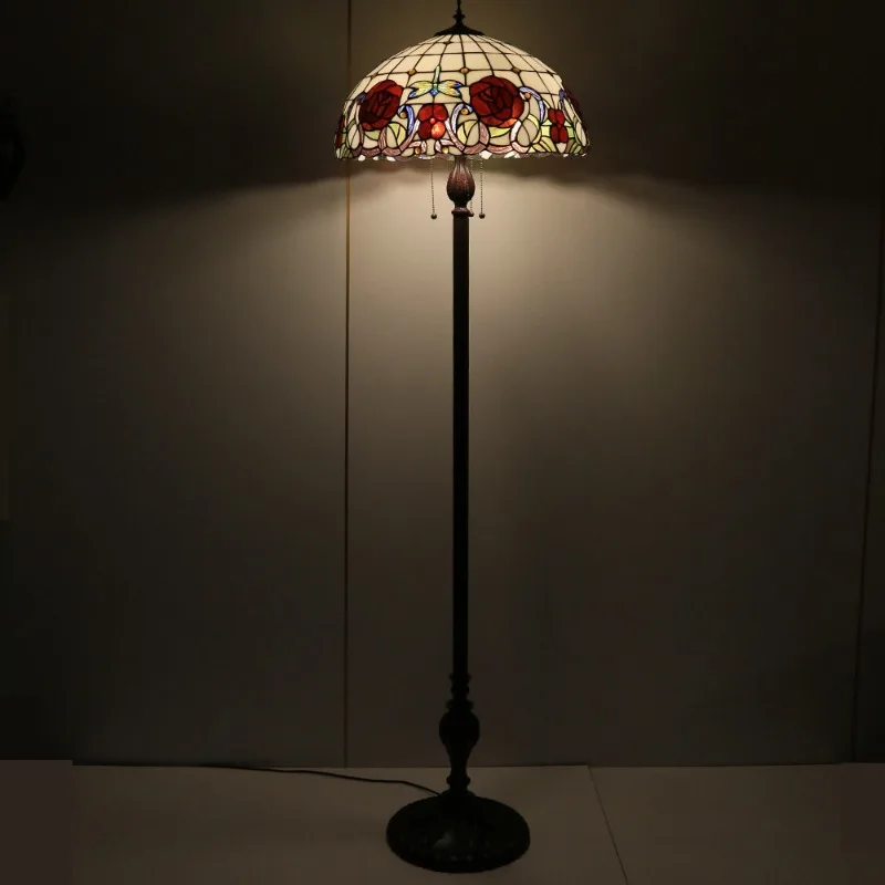 Rose Patterned Glass Lampshade Floor Lamps Retro Art Decoration Lighting Fixtures Living Room Hotel Homestay LED Standing Light