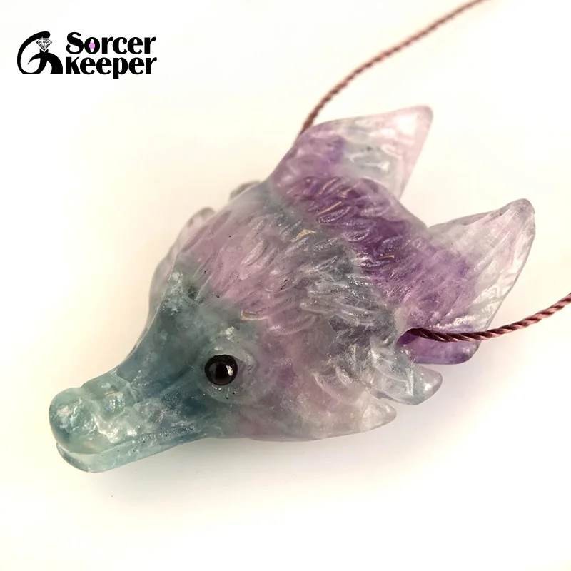 

1PC Real Wolf Head Statue Natural Rainbow Fluorite Lucky Amulet Pendant Beads Necklace For Women Men Fashion Charm Jewelry BS25