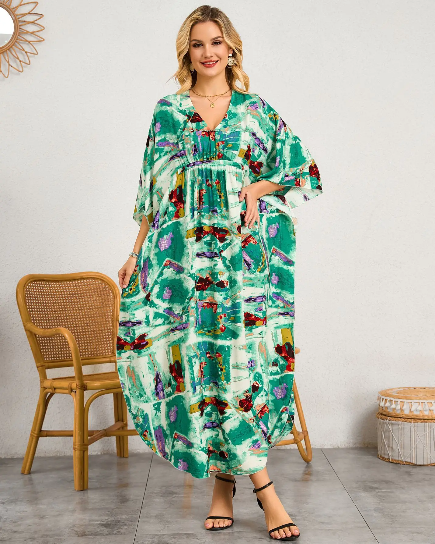 

Women Kaftan Dresses Plus Size V-Neck Batwing Sleeves Beach Cover Up 2026 Summer Floral Print Caftan Dress
