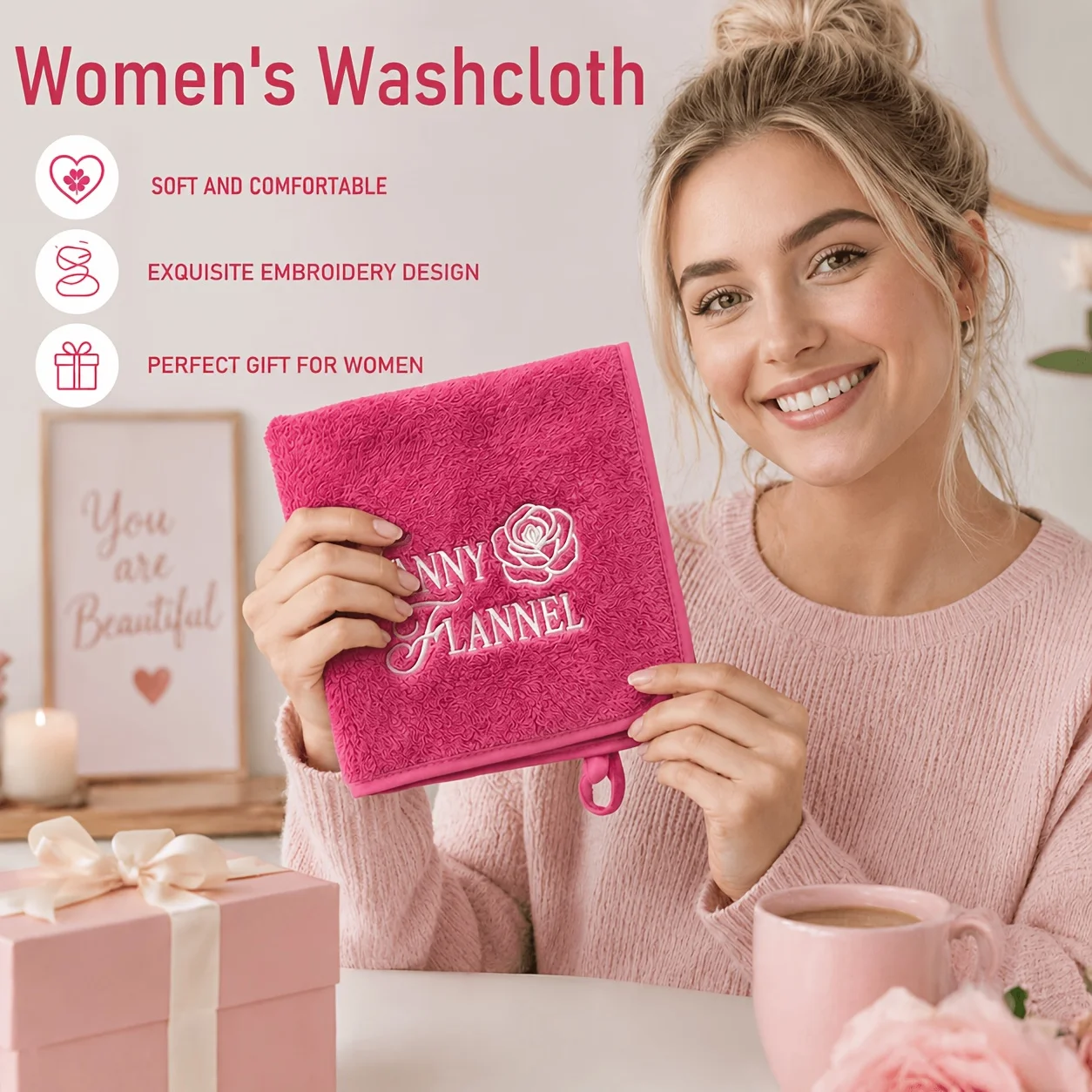 1 Piece of Women's Intimate Cleaning Towel, Multi-Purpose Square Towel with Exquisite Embroidery Design, Holiday Gift for Women, Humorous Gift, Made of Microfiber, Fluffy and Soft, Highly Absorbent, Quick-Drying, Portable, Christmas Goddess Gift, Mother's Day Gift, Suitable for Bathroom and Travel