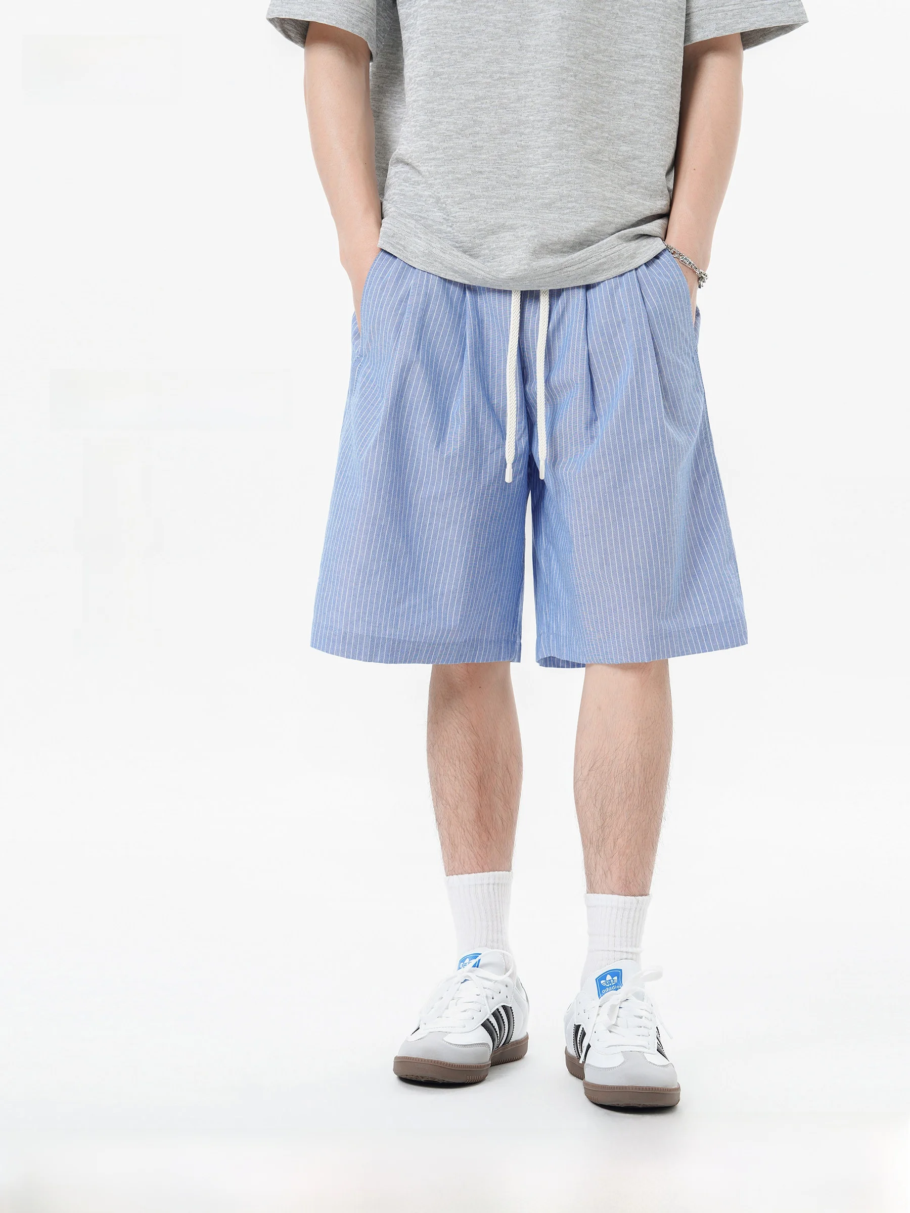 

DPX Summer Mixed Fiber Linen Stripe Loose Fit Men's Shorts Casual Five-Quarter Length Breathable Versatile Lightweight Shorts