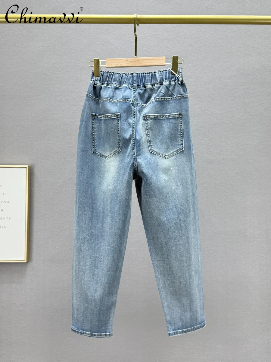패션 할로우 핫 다이아몬드 데님 Harlan 바지 여성 봄, 여름 새로운 무거운 높은 허리 느슨한 슬림 맞는 9 점 바지